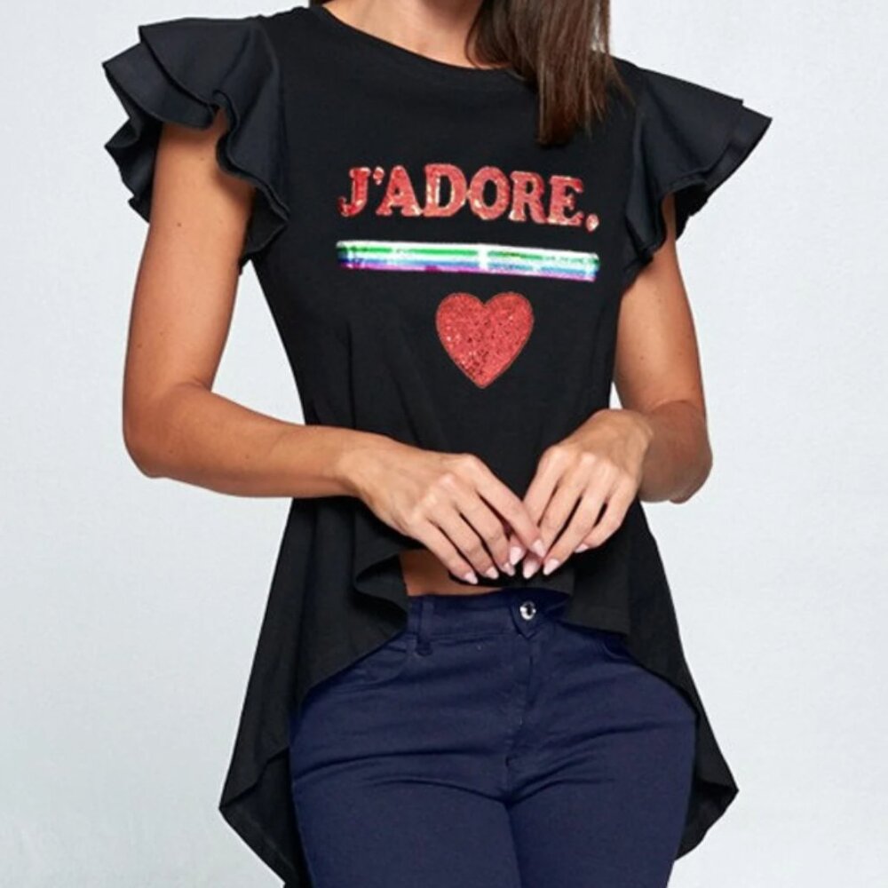 J'adore Graphic Printed Tee High Low Ruffle Sleeve Black Asymmetrical Top